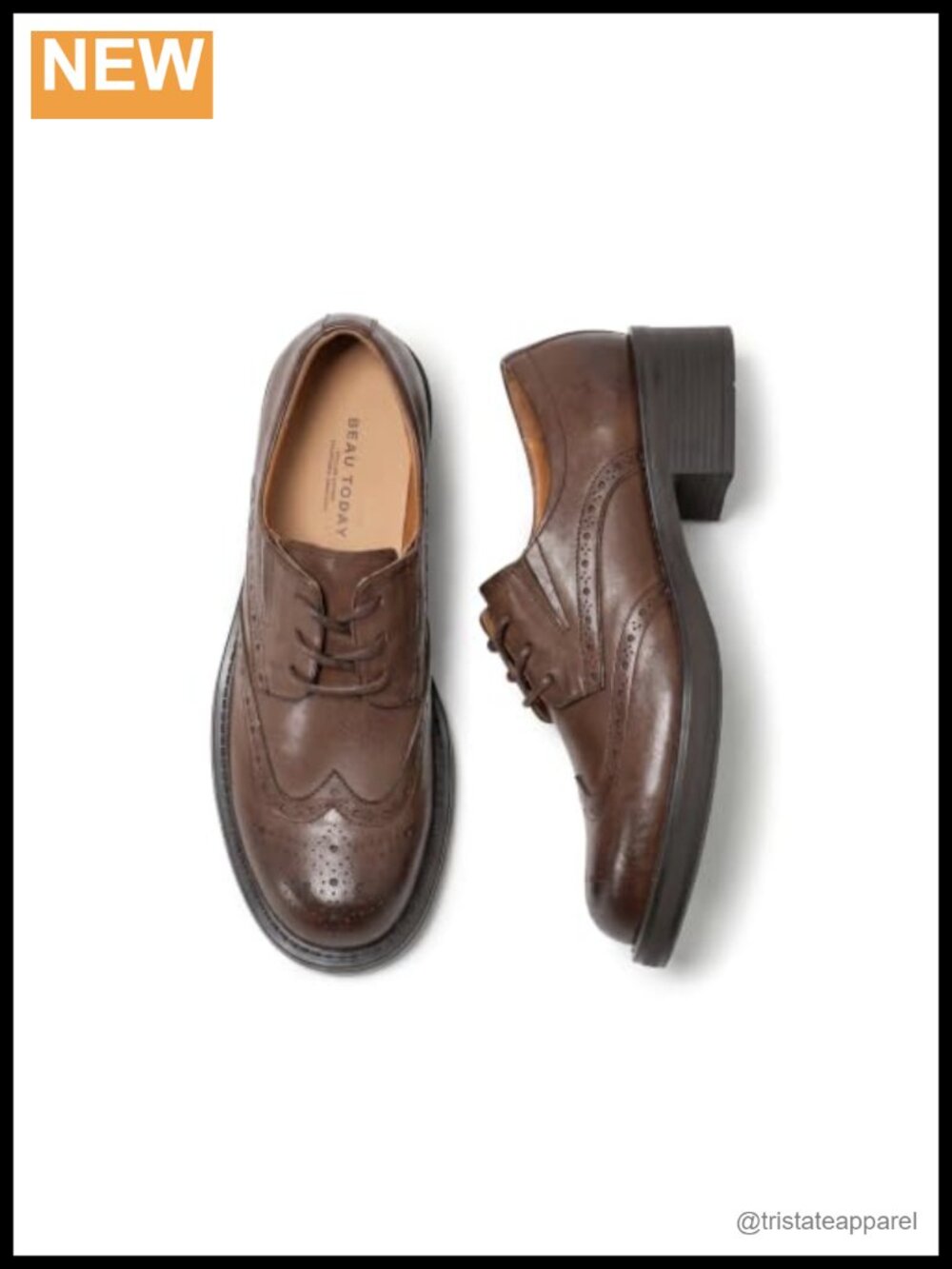 Waxed Sheepskin Leather Oxford Shoes Wingtip Brogue Block Heel Lace Up